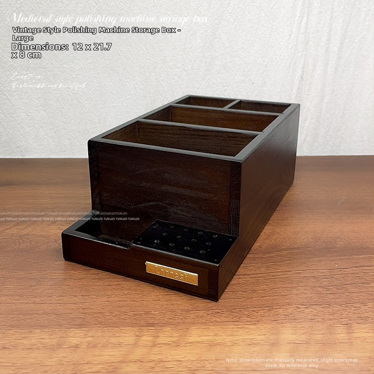 Antikvarinių šlifuoklių laikymo dėžutė, šlifavimo galvutė, teptukas, nagų lakas, guminė medvilnė, nagų dailės įrankiai, didelės talpos reikmenys