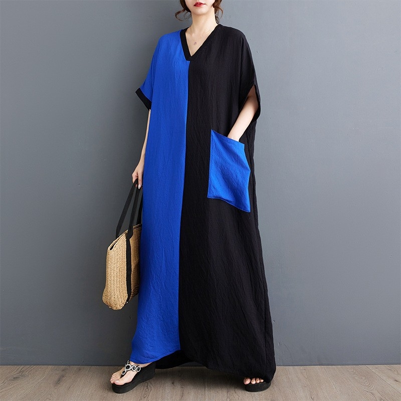 Plius dydžio suknelė su V formos iškirpte, vasarinė, spalvota suknelė su blokais, didesnių dydžių, laisvas retro stiliaus, šventinis, ilgas sijonas.