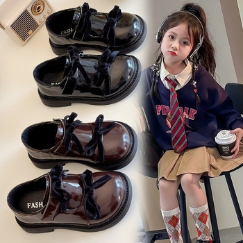 2025. aasta kevad- ja sügiskingad, väikese tüdruku temperamendiga lipsuga printsessikingad, Korea temperamendiga erksad nahast kingad tüdrukutele