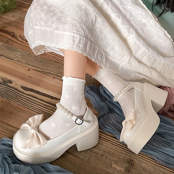 Λευκά δερμάτινα παπούτσια με χοντρό τακούνι, γυναικεία, νέα παπούτσια Mary Jane με ψηλοτάκουνα, για την άνοιξη και το φθινόπωρο, με στρογγυλό κεφάλι και λευκό φιόγκο, 2025