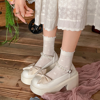 Λευκά δερμάτινα παπούτσια με χοντρό τακούνι, γυναικεία, νέα παπούτσια Mary Jane με ψηλοτάκουνα, για την άνοιξη και το φθινόπωρο, με στρογγυλό κεφάλι και λευκό φιόγκο, 2025