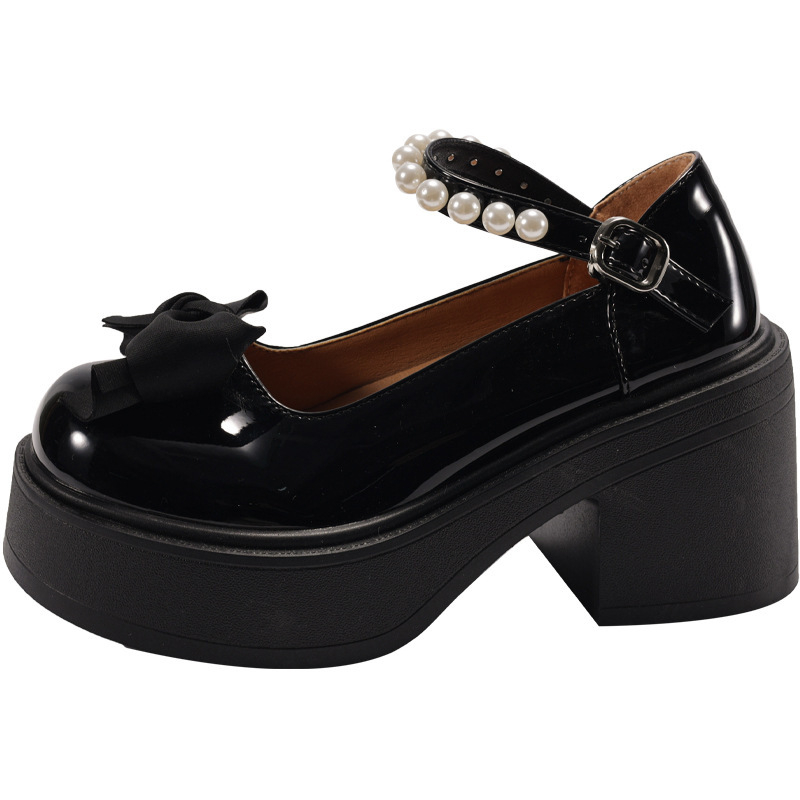 Balti lankeliai, storu dugnu, stambūs kulnai, maži odiniai moteriški bateliai, 2025 m. nauji pavasario ir rudens apvalios galvos, universalūs aukštakulniai Mary Jane bateliai