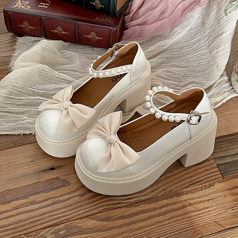 Balti lankeliai, storu dugnu, stambūs kulnai, maži odiniai moteriški bateliai, 2025 m. nauji pavasario ir rudens apvalios galvos, universalūs aukštakulniai Mary Jane bateliai