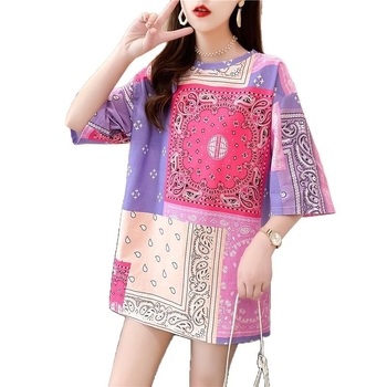 Moteriški pavasario ir vasaros marškinėliai su marškinėliais, madingi, laisvi, korėjietiško stiliaus, vidutinio ilgio, trumpomis rankovėmis, marginti, madingi užsienio prekybai.