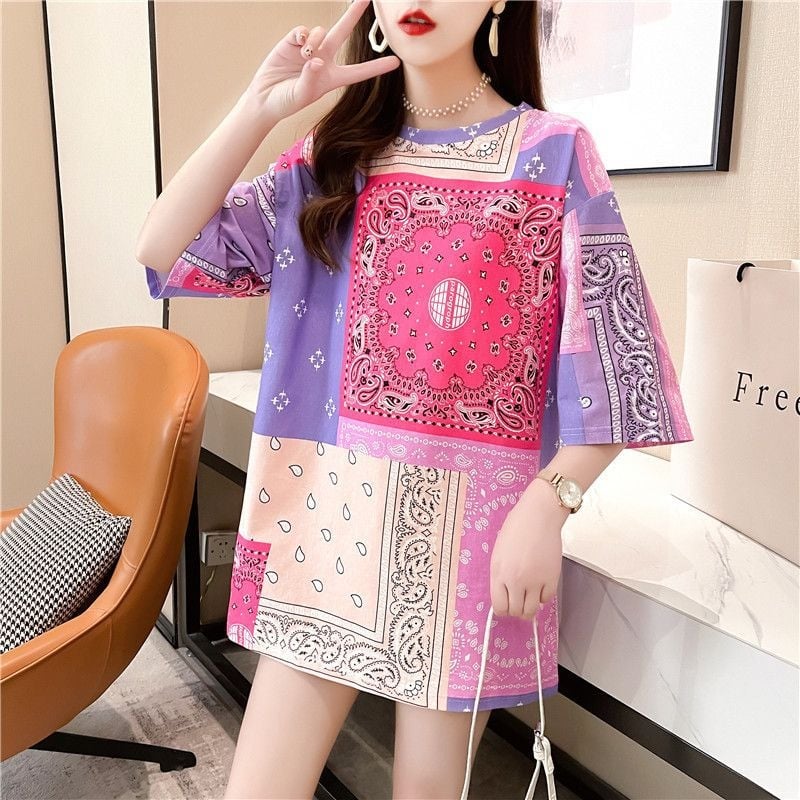 Tricou vopsit în cravată pentru femei, primăvară și vară, nou, la modă, stil coreean, vrac, lungime medie, mânecă scurtă, imprimat, cămașă de bază, la modă, pentru comerțul exterior