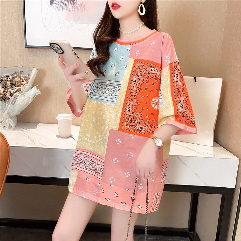 Moteriški pavasario ir vasaros marškinėliai su marškinėliais, madingi, laisvi, korėjietiško stiliaus, vidutinio ilgio, trumpomis rankovėmis, marginti, madingi užsienio prekybai.