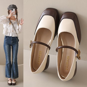 Prantsuse õmblusega kandilise ninaga madala suuga kingad naistele 2024. aasta kevad- ja sügisesed uued pehme põhjaga pandlaga seelikuga elegantsed väikesed nahast kingad