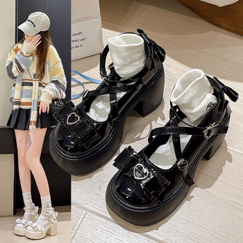 Nauji prancūziško stiliaus Mary Jane stori kulniukai, stora apačia, apvali nosis 2024 m. rudens suknelė, sekli burna, lolita odiniai bateliai moterims