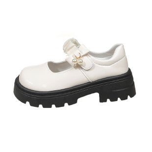 Tvīda stila biezas zoles Mary Jane mazas ādas kurpes sievietēm 2025. gada pavasara/rudens sezonai ar apaļu purngalu, pērļu biezu papēdi un plakaniem apaviem