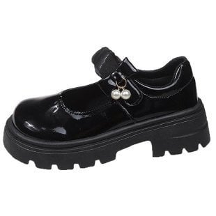 Tvīda stila biezas zoles Mary Jane mazas ādas kurpes sievietēm 2025. gada pavasara/rudens sezonai ar apaļu purngalu, pērļu biezu papēdi un plakaniem apaviem