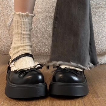 Γυναικεία, καφέ, γαλλικά, μικρά, δερμάτινα παπούτσια με στρογγυλή μύτη και χοντρή σόλα, νέα, ανοιξιάτικα, ευέλικτα, ασορτί παπούτσια Mary Jane, 2025