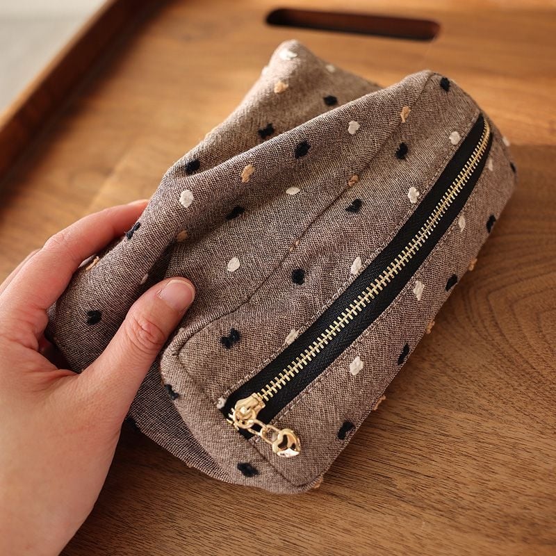 Geantă de machiaj din material textil cu dungi, pătrată, tridimensională, cu fermoar, geantă de călătorie portabilă, geantă interioară în stil japonez