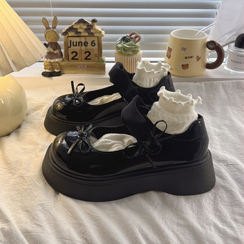 Pantofi Mary Jane din piele pentru femei, cu talpă groasă și vârf rotund, cu fundă, mici, de vară, în stil britanic, versatil, cu velcro, pentru femei