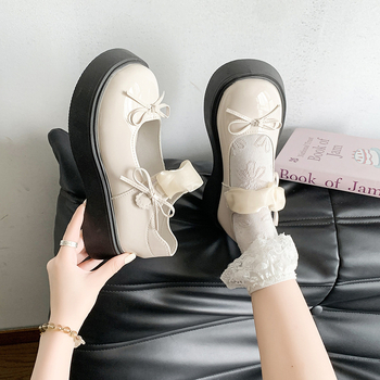 Pantofi Mary Jane din piele pentru femei, cu talpă groasă și vârf rotund, cu fundă, mici, de vară, în stil britanic, versatil, cu velcro, pentru femei