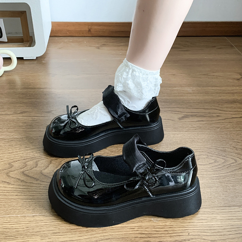 Pantofi Mary Jane din piele pentru femei, cu talpă groasă și vârf rotund, cu fundă, mici, de vară, în stil britanic, versatil, cu velcro, pentru femei