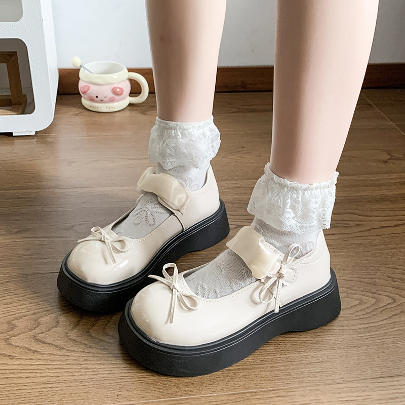 Pantofi Mary Jane din piele pentru femei, cu talpă groasă și vârf rotund, cu fundă, mici, de vară, în stil britanic, versatil, cu velcro, pentru femei