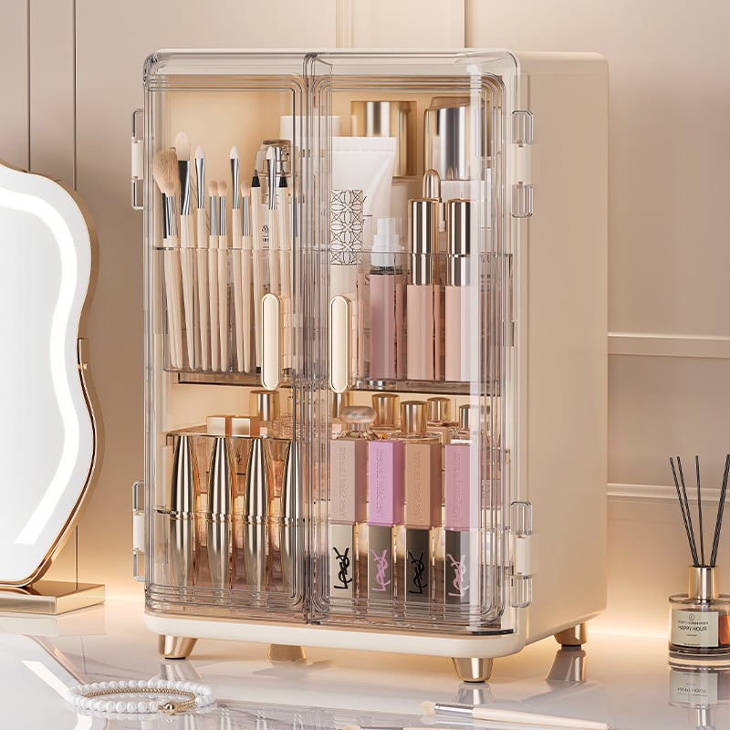 Cutie de depozitare pentru cosmetice, capacitate mare, rezistentă la praf, pentru desktop, ruj, îngrijire a pielii, masă de toaletă, perie de machiaj, cutie de machiaj de lux, lumină populară