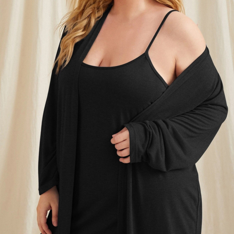 2024 m. tarpvalstybinės užsienio prekybos specialus pasiūlymas pavasariui ir rudeniui, plius dydžio naktinukai, moteriški ilgi juodi pižamos su dirželiais, vienspalvis chalatas, namų drabužiai