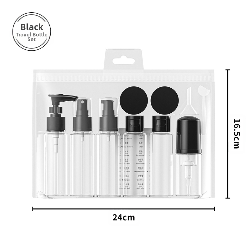 PET juodai baltas kelioninis nešiojamas buteliukas, šampūnas, kūno muilas, tonikas, emulsija, esencija, tuščias buteliukas