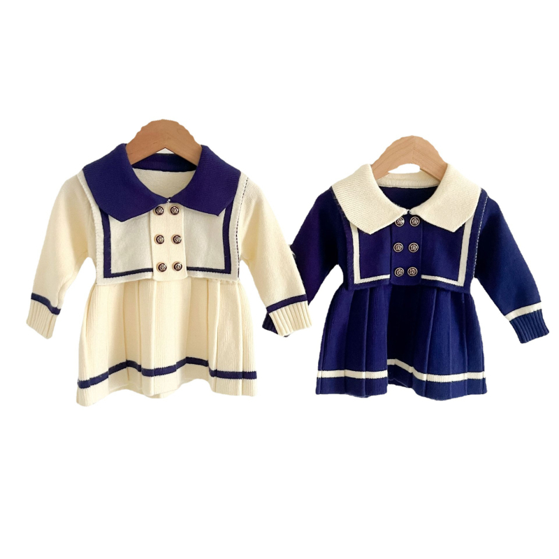 Mergaitės tamsiai mėlyno stiliaus megztinė suknelė Mergaitės kūdikio rudens suknelė Korėjietiško stiliaus vaikiški drabužiai Ilgomis rankovėmis megzta klostuota suknelė kūdikiui