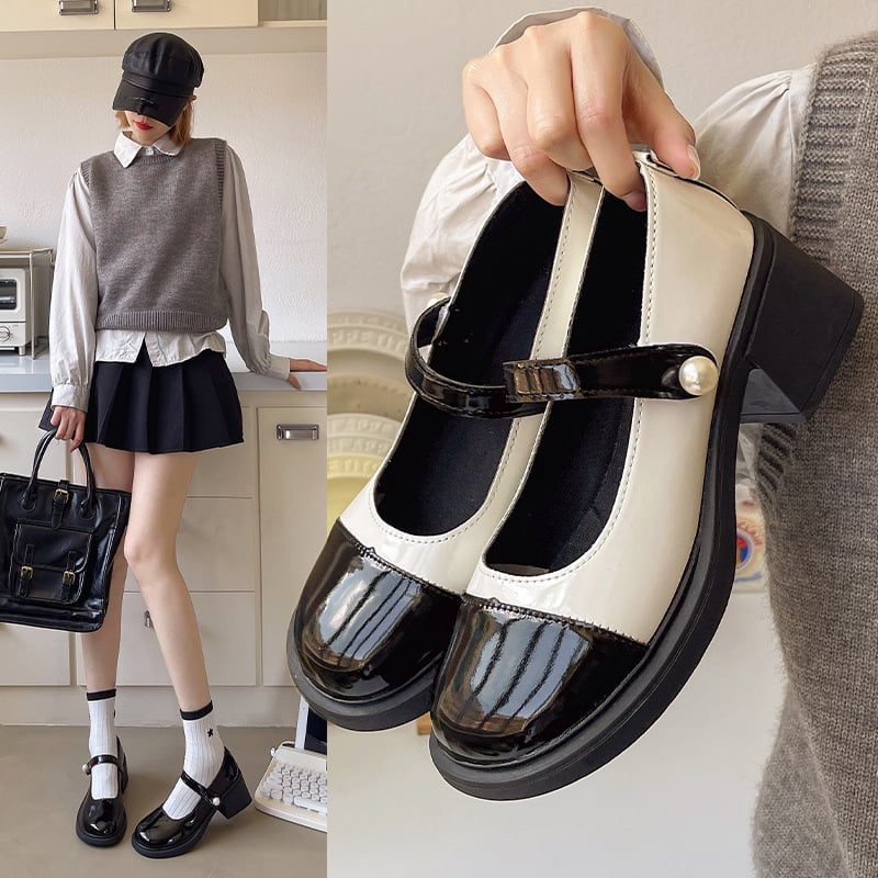 2025. gada pavasara jaunā stila seklie Velcro apavi sievietēm, korejiešu stila krāsu bloku mazi ādas apavi, studentu apaļie purngali ar vidēju papēdi, biezu zoli sieviešu apavi