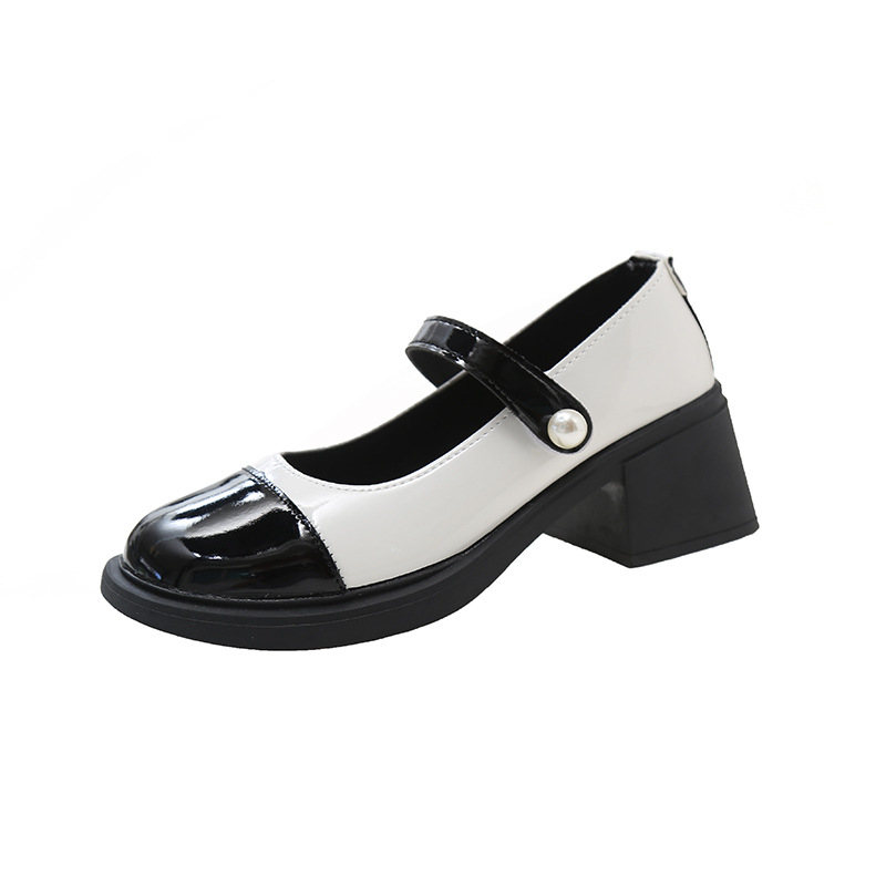 2025. gada pavasara jaunā stila seklie Velcro apavi sievietēm, korejiešu stila krāsu bloku mazi ādas apavi, studentu apaļie purngali ar vidēju papēdi, biezu zoli sieviešu apavi