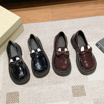 Γυναικεία vintage βρετανικού στιλ δερμάτινα παπούτσια Lefu Small, φθινόπωρο και καλοκαίρι 2024, νέα μαύρα μονόστρωτα παπούτσια Mary Jane με χοντρή σόλα και φιόγκο