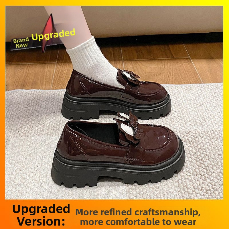 Vintažinio britiško stiliaus „Lefu“ maži odiniai moteriški bateliai, 2024 m. rudens ir vasaros juodi vieno sluoksnio „Mary Jane“ bateliai su kaspinu ir storu padu.