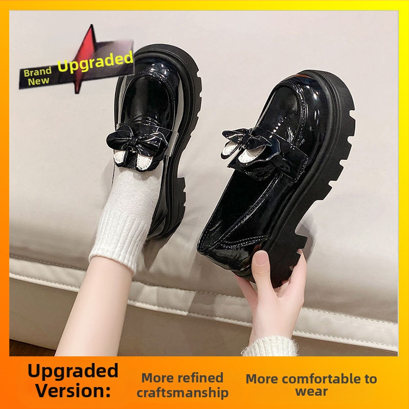 Vintažinio britiško stiliaus „Lefu“ maži odiniai moteriški bateliai, 2024 m. rudens ir vasaros juodi vieno sluoksnio „Mary Jane“ bateliai su kaspinu ir storu padu.