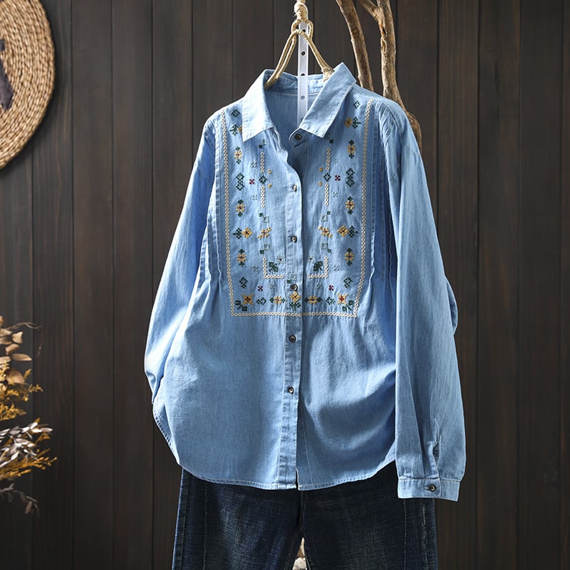 Jachetă de damă din bumbac brodat, denim albastru, slăbită, primăvară și toamnă, nouă, casual artistic, all-match, top de bază