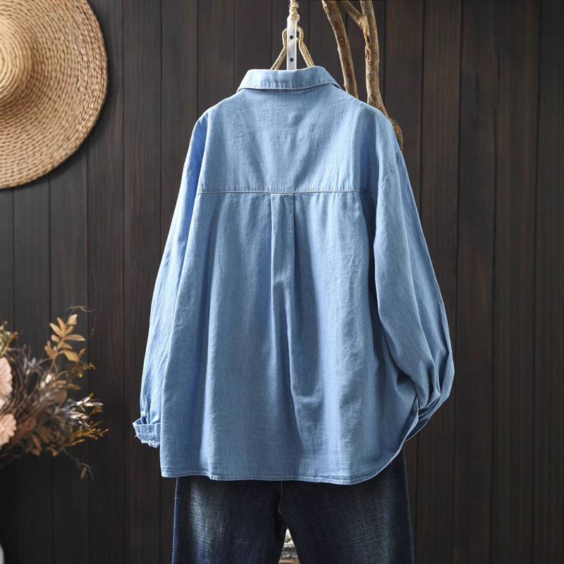 Medvilniniai siuvinėti džinsiniai mėlyni marškiniai, moteriški laisvi liekninamieji pavasario ir rudens marškiniai, nauji, meniški, laisvalaikio stiliaus, visų rungtynių apatiniai drabužiai
