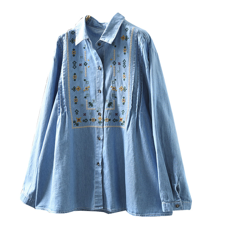 Medvilniniai siuvinėti džinsiniai mėlyni marškiniai, moteriški laisvi liekninamieji pavasario ir rudens marškiniai, nauji, meniški, laisvalaikio stiliaus, visų rungtynių apatiniai drabužiai