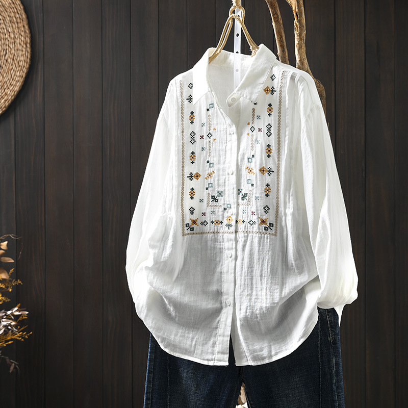 Medvilniniai siuvinėti džinsiniai mėlyni marškiniai, moteriški laisvi liekninamieji pavasario ir rudens marškiniai, nauji, meniški, laisvalaikio stiliaus, visų rungtynių apatiniai drabužiai