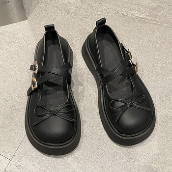 Prancūziško stiliaus Mary Jane maži odiniai moteriški bateliai, 2025 m. pavasario nauji storu padu, padidintu kaspinu su sijonu, stori kulniukai, aukštakulniai, vieno sluoksnio bateliai.