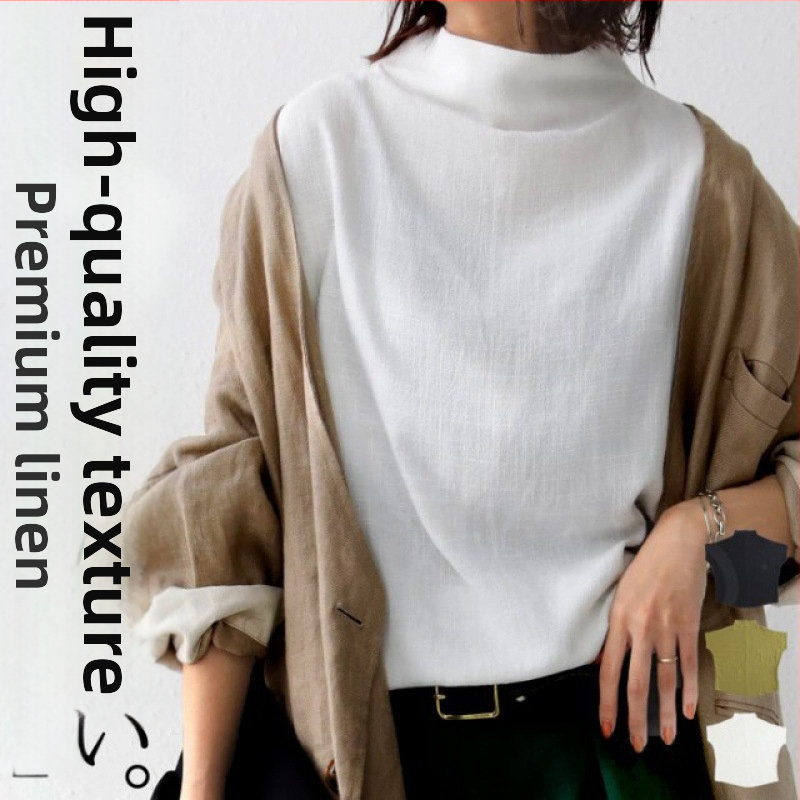 Piiriülene 2023. aasta Jaapani lahtine naiste poolkõrge kraega dolmani varrukatega top, ühevärviline puuvillane linane lahtine lühikeste varrukatega T-särk naistele