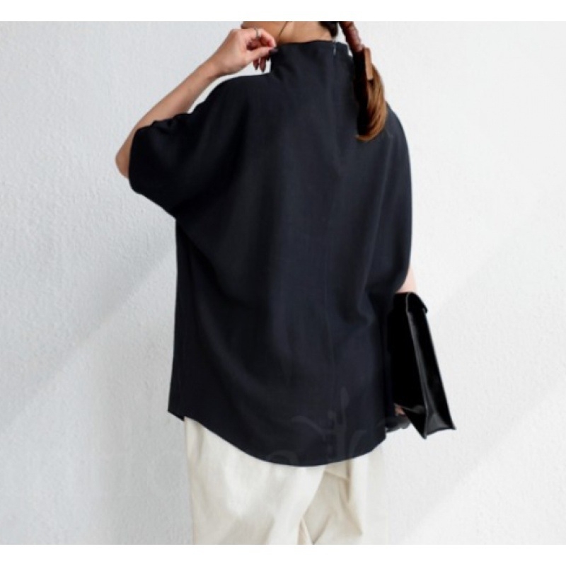 Piiriülene 2023. aasta Jaapani lahtine naiste poolkõrge kraega dolmani varrukatega top, ühevärviline puuvillane linane lahtine lühikeste varrukatega T-särk naistele