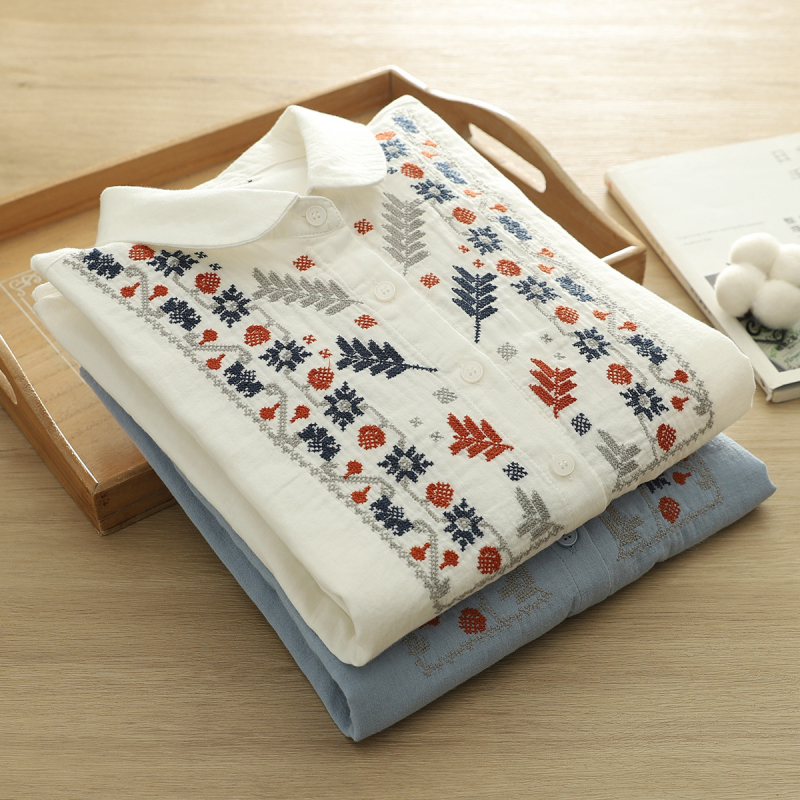 2044 m. nauji kiniško stiliaus nacionalinio stiliaus siuvinėti medvilniniai verpalų marškiniai, moteriški 2025 m. pavasario nauji siuvinėti visų rungtynių marškiniai