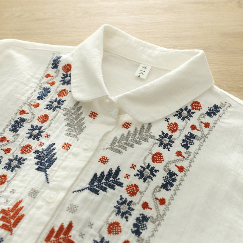 2044 m. nauji kiniško stiliaus nacionalinio stiliaus siuvinėti medvilniniai verpalų marškiniai, moteriški 2025 m. pavasario nauji siuvinėti visų rungtynių marškiniai