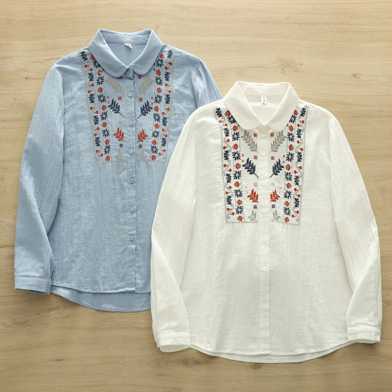2044 Nová dámska košeľa z bavlnenej priadze s vyšívaným golierom v čínskom štýle v národnom štýle, nový jarný príchod 2025, vyšívaný top na všetky druhy outfitov