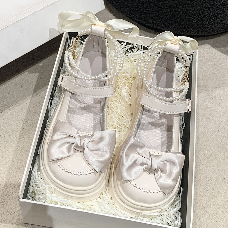 Moteriški vienspalviai bateliai, 2024 m. rudens/žiemos, naujoviški, vieno simbolio, odiniai bateliai su kaspinu, karoliukais, apvalia nosele, storu kulnu, aukštakulniai bateliai