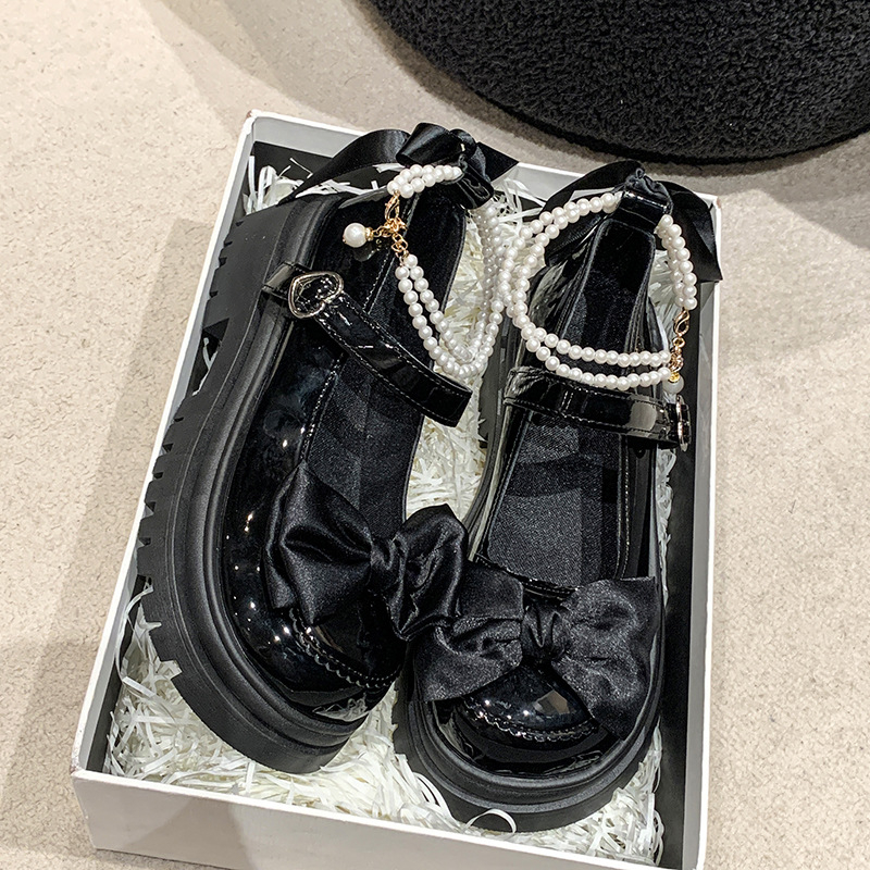 Moteriški vienspalviai bateliai, 2024 m. rudens/žiemos, naujoviški, vieno simbolio, odiniai bateliai su kaspinu, karoliukais, apvalia nosele, storu kulnu, aukštakulniai bateliai