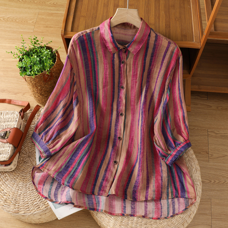 2025 m. vasarinės plonos, meniškos, retro raštuotos ir dažytos dryžuotos medvilnės ir lino palaidinės su atlapu ir ketvirčio rankovių apykakle moterims