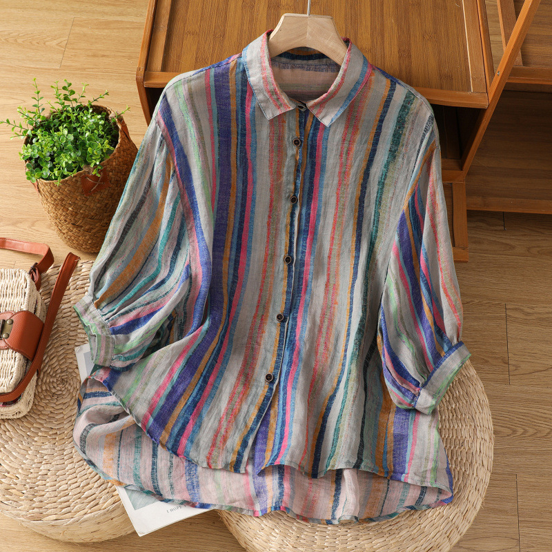 2025 m. vasarinės plonos, meniškos, retro raštuotos ir dažytos dryžuotos medvilnės ir lino palaidinės su atlapu ir ketvirčio rankovių apykakle moterims