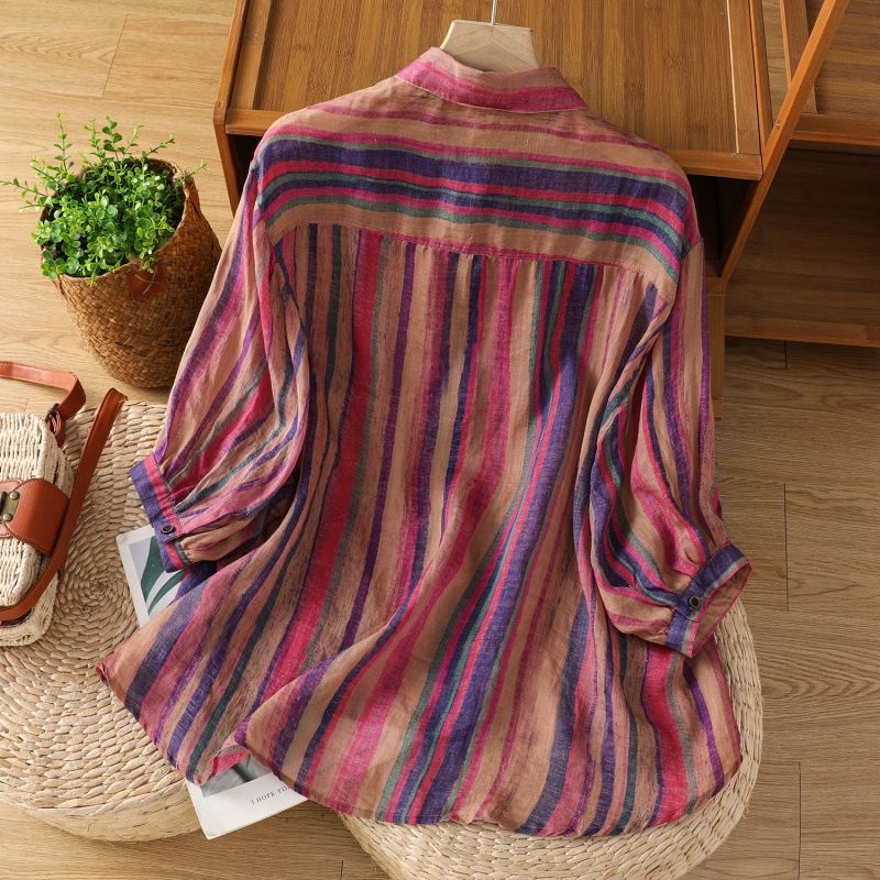 2025 m. vasarinės plonos, meniškos, retro raštuotos ir dažytos dryžuotos medvilnės ir lino palaidinės su atlapu ir ketvirčio rankovių apykakle moterims