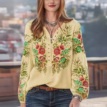 Европейска и американска трансгранична пролетно-есенна 2024 нова художествена пасторална риза с дълъг ръкав и кръгло деколте