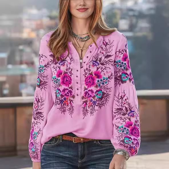 Tricou cu mânecă lungă, stil transfrontalier european și american, 2024, primăvara și toamna, cu guler rotund, artistic, pastoral, pentru navetiști