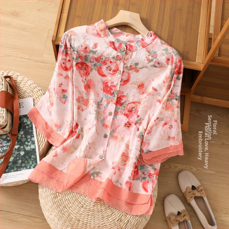 2025. aasta suvine isikupärastatud disainiga õhuke kardigan, trükitud särk, lahtine vintage puuvillast ja linasest õmblustega pluus