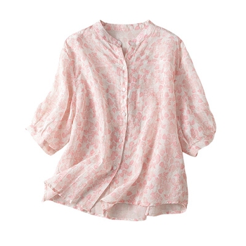 Moteriški 2024 m. vasaros laisvo kirpimo V formos iškirptės gėlėti ramės marškiniai su vidutinėmis rankovėmis.