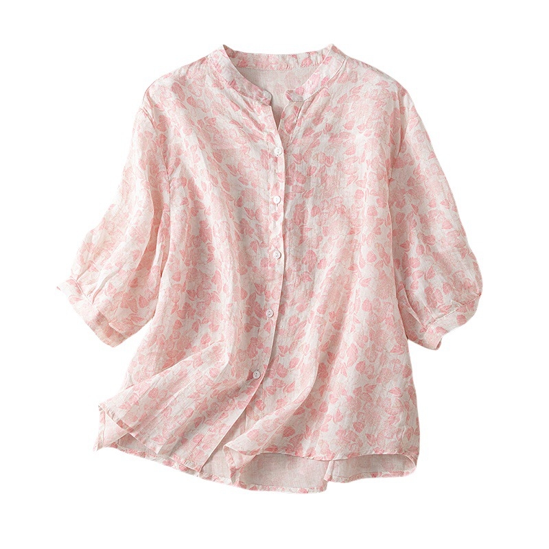 Moteriški 2024 m. vasaros laisvo kirpimo V formos iškirptės gėlėti ramės marškiniai su vidutinėmis rankovėmis.