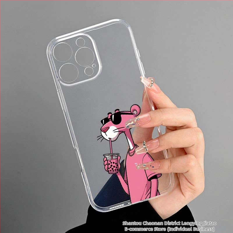 Roosa piimatee leopardi mustriga ümbris iPhone 11/12/13/14/15plus Apple 16ProMax telefonile